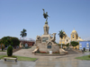 Trujillo, La Libertad region, Peru: freedom monument on Plaza de Armas - sculpture by Edmundo Moeller - Cathedral on the right and Hotel Libertador on the left - the city is named after Francisco Pizarro's native town in Spanish Extremadura - photo by D.Smith