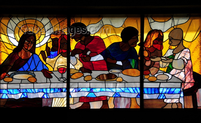 belize13: Belmopan, Cayo, Belize: St. Ann's Anglican Church - last supper - stained glass and laminated stone - photo by M.Torres - (c) Travel-Images.com - Stock Photography agency - Image Bank