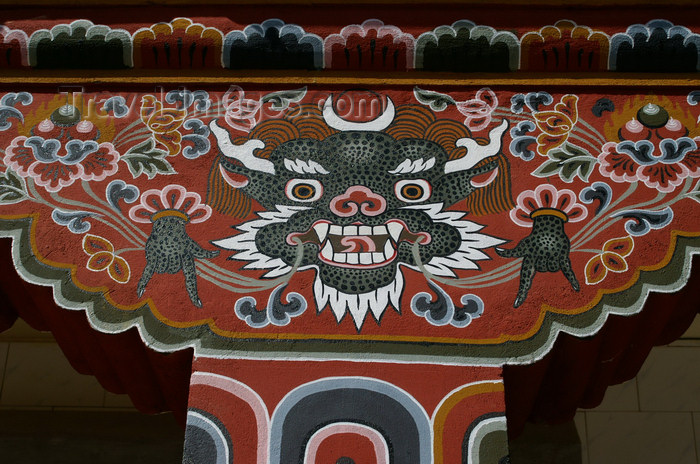 bhutan175: Bhutan - Thimphu - horned demon - painting on support column - city center - photo by A.Ferrari - (c) Travel-Images.com - Stock Photography agency - Image Bank