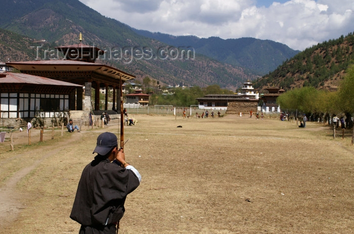 bhutan190: Bhutan - Thimphu  - aiming - archer at Changlimithang stadium - photo by A.Ferrari - (c) Travel-Images.com - Stock Photography agency - Image Bank