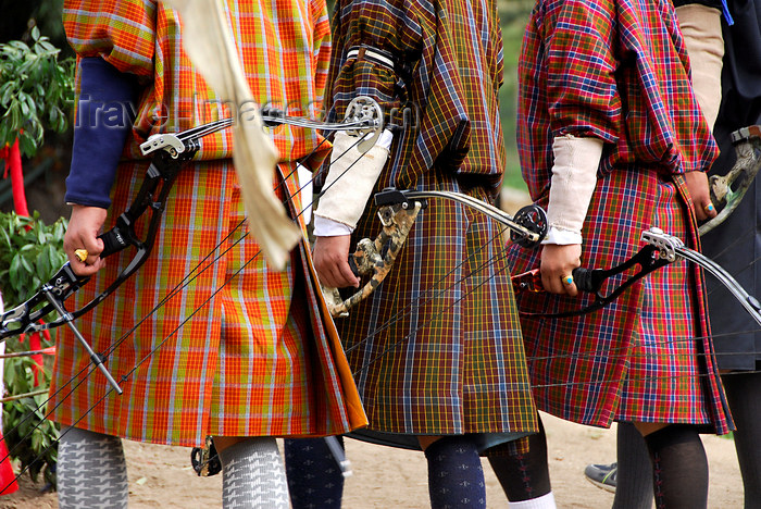 bhutan427: Bhutan, Thimphu, Traditionally dressed archers with modern bows - photo by J.Pemberton - (c) Travel-Images.com - Stock Photography agency - Image Bank