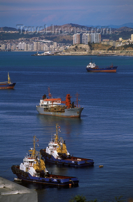 chile168: Valparaíso, Chile: large ocean going cargo ships and tug boats in the harbour - photo by C.Lovell - (c) Travel-Images.com - Stock Photography agency - Image Bank