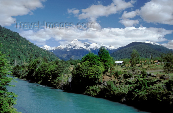 chile188: Los Lagos Region, Chile: river along the Camino Austral, a dirt road, but the main route in Northern Patagonia - snow covered mountains in the background - photo by C.Lovell - (c) Travel-Images.com - Stock Photography agency - Image Bank