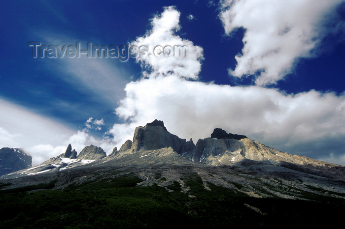 chile64: Torres del Paine National Park, Magallanes region, Chile: Los Cuernos from the French Valley – intense sky with white clouds - photo by C.Lovell - (c) Travel-Images.com - Stock Photography agency - Image Bank