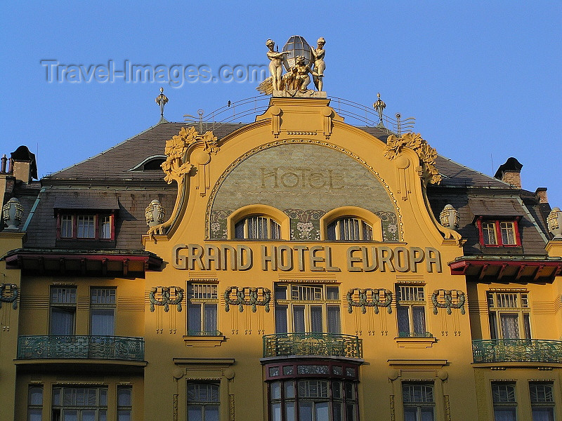 czech464: Prague, Czech Republic: Grand Hotel Evropa - art noveau by Bedrich Bendelmayer and Alois Dryak - Venceslaus Square - photo by J.Kaman - (c) Travel-Images.com - Stock Photography agency - Image Bank