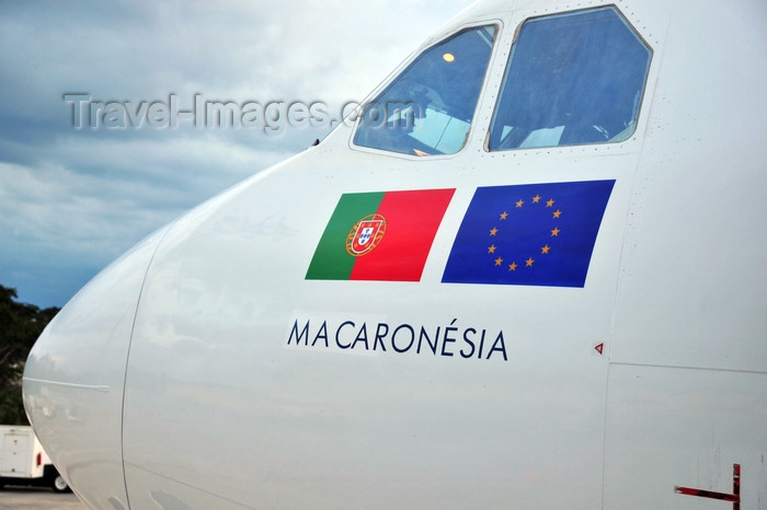 dominican280: El Catey, Samaná province, Dominican republic: SATA International Airbus A310-325(ET) CS-TKN (cn 624) - Macaronesia - nose detail - Portuguese and European flags - Samaná El Catey International Airport - photo by M.Torres - (c) Travel-Images.com - Stock Photography agency - Image Bank