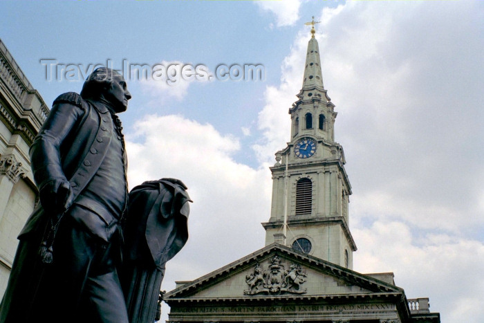 england245: London: Trafalgar square - church of St Martin in the Fields and George Washington - photo by M.Bergsma - (c) Travel-Images.com - Stock Photography agency - Image Bank