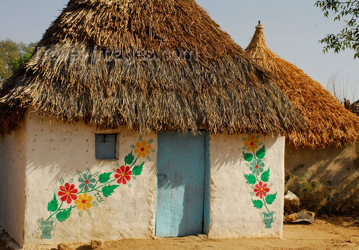 eritrea59: Eritrea - Hagaz, Anseba region - house decorated with floral motives - thatched roof - photo by E.Petitalot - (c) Travel-Images.com - Stock Photography agency - Image Bank
