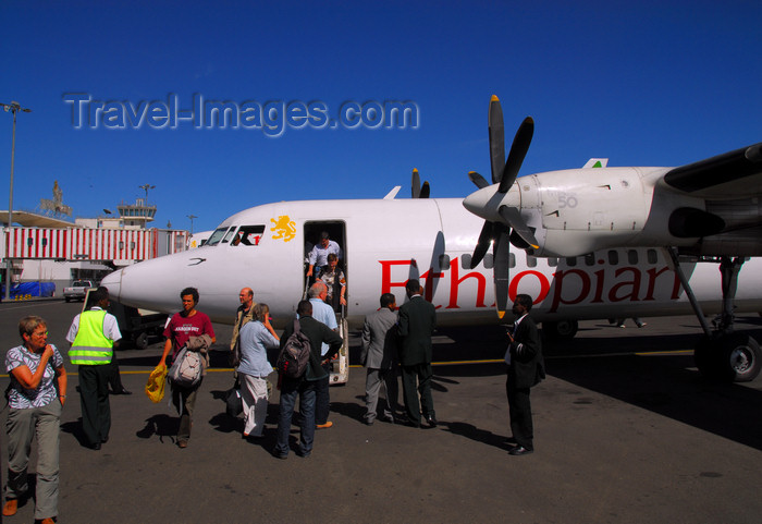 ethiopia1: Addis Ababa, Ethiopia: Bole International Airport (IATA: ADD, ICAO: HAAB) - Ethiopian Airlines - Fokker 50 - passengers disembark - photo by M.Torres - (c) Travel-Images.com - Stock Photography agency - Image Bank