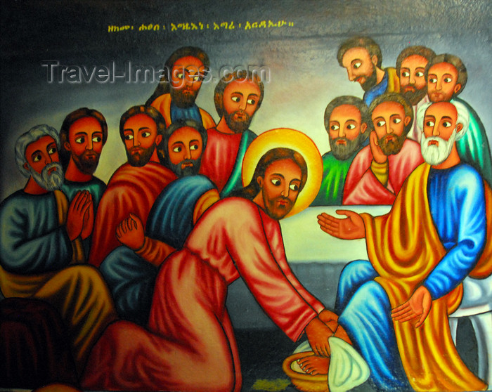 ethiopia469: Lake Tana, Amhara, Ethiopia: Entos Eyesu Monastery - Jesus washing the disciples feet to teach them service and humility - photo by M.Torres - (c) Travel-Images.com - Stock Photography agency - Image Bank