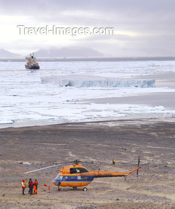 franz-josef33: Franz Josef Land Helicopter on ground with ship in background, Champ Is - Arkhangelsk Oblast, Northwestern Federal District, Russia - photo by Bill Cain - (c) Travel-Images.com - Stock Photography agency - Image Bank