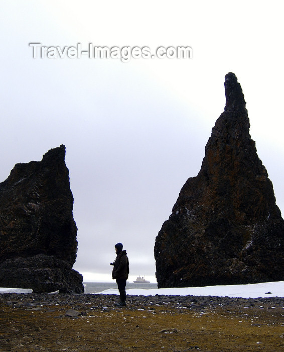 franz-josef4: Franz Josef Land - Hall Island: Twin spires, person at Cape Tegethoff (photo by Bill Cain) - (c) Travel-Images.com - Stock Photography agency - Image Bank