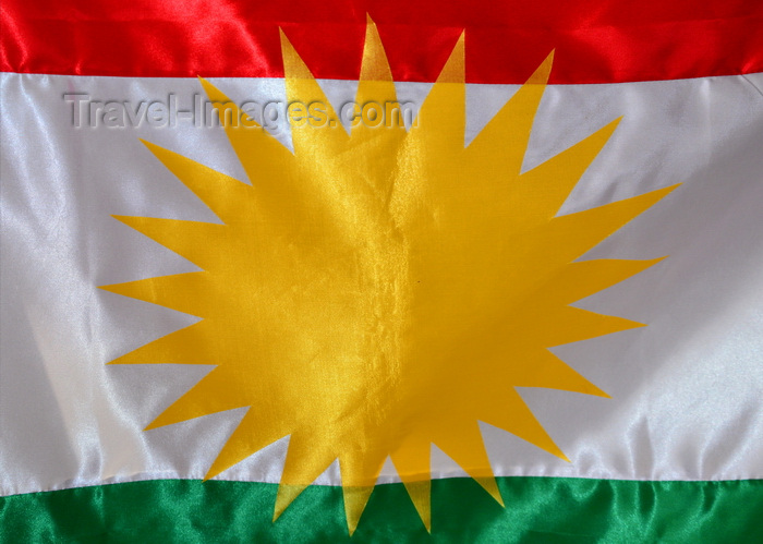 Erbil / Hewler, Kurdistan, flag - Kurdish sun, detail of the Zoroastrian inspired sun disk red, white and green stripes - photo by M.Torres - Travel-Images.com