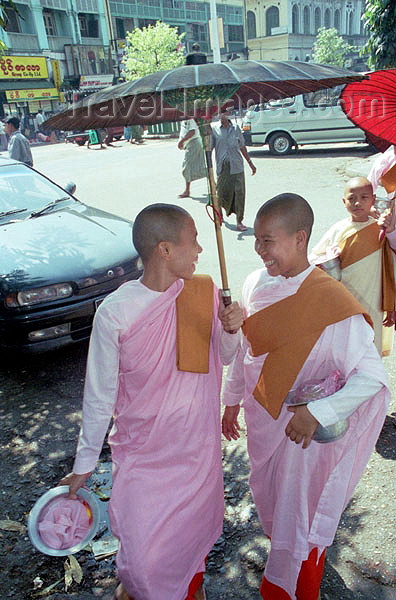 myanmar169: Myanmar / Burma - Yangoon / Rangoon / Rangun: Buddhist nuns sharing an umbrella - people - Asia (photo by J.Kaman) - (c) Travel-Images.com - Stock Photography agency - Image Bank