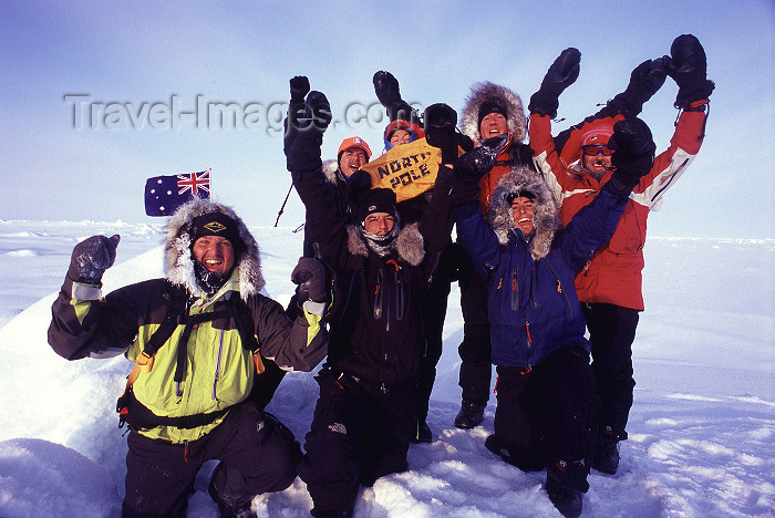 north-pole11: North Pole: team at the North Geographic Pole, celebrating - Australian flag (photo by Eric Philips) - (c) Travel-Images.com - Stock Photography agency - Image Bank