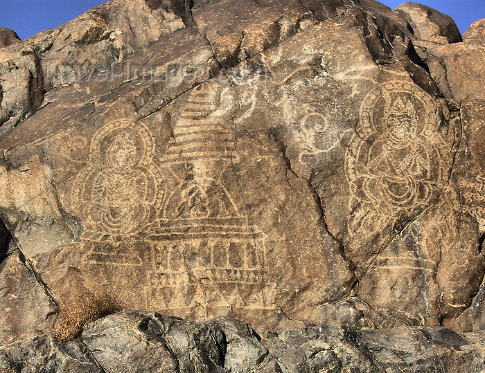pakistan22: Gilgit - Northern Areas / FANA, Pakistan: petroglyphs along the KKH - ancient rock carvings - feretory / stupa and Buddhist figrt from 800 AD - Karakoram Highway - photo by D.Steppuhn - (c) Travel-Images.com - Stock Photography agency - Image Bank