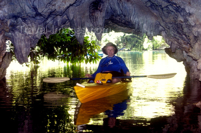 palau13: Rock Islands / Chelbacheb, Koror state, Palau: sea Kayaker in cave - photo by B.Cain - (c) Travel-Images.com - Stock Photography agency - Image Bank