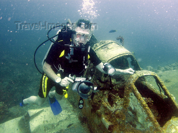 palau21: Palau: diver and wreck of WWII Plane - underwater image - photo by B.Cain - (c) Travel-Images.com - Stock Photography agency - Image Bank