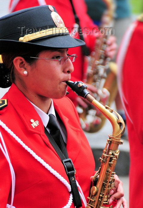 peru89: Lima, Peru: Saxophone player of the Peruvian National Police marching band - Plaza de Armas - change of the guard parade - photo by M.Torres - (c) Travel-Images.com - Stock Photography agency - Image Bank