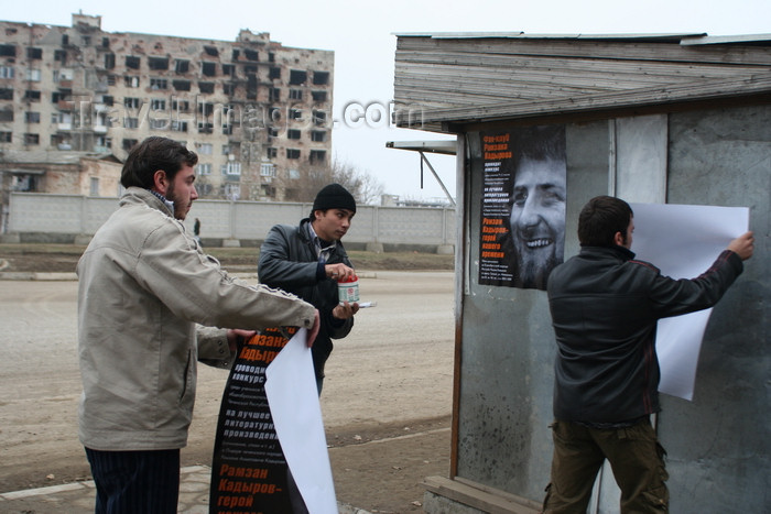 russia793: Chechnya, Russia - Grozny - placing election posters with president Ramzan Kadyrov - photo by A.Bley - (c) Travel-Images.com - Stock Photography agency - Image Bank