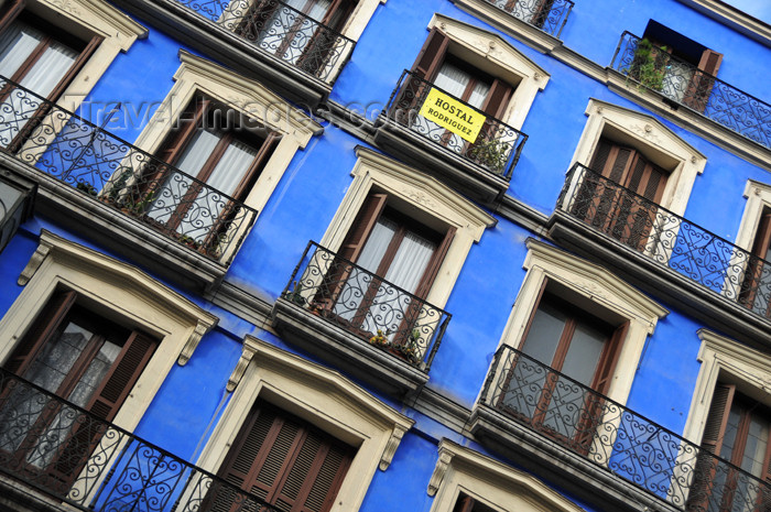 spai467: Madrid, Spain: deep blue façade of Calle Mayor 14 - Hostal Rodriguez - photo by M.Torres - (c) Travel-Images.com - Stock Photography agency - Image Bank
