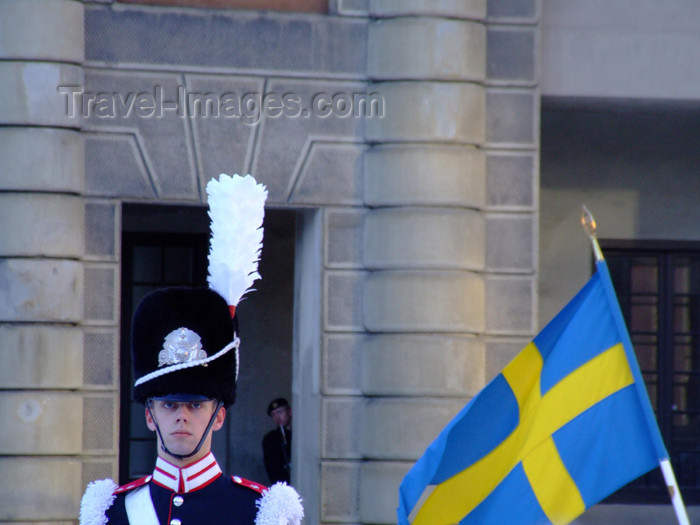 sweden69: Sweden - Stockholm: soldier and Swedish flag at the Royal Palace - guard (photo by M.Bergsma) - (c) Travel-Images.com - Stock Photography agency - Image Bank