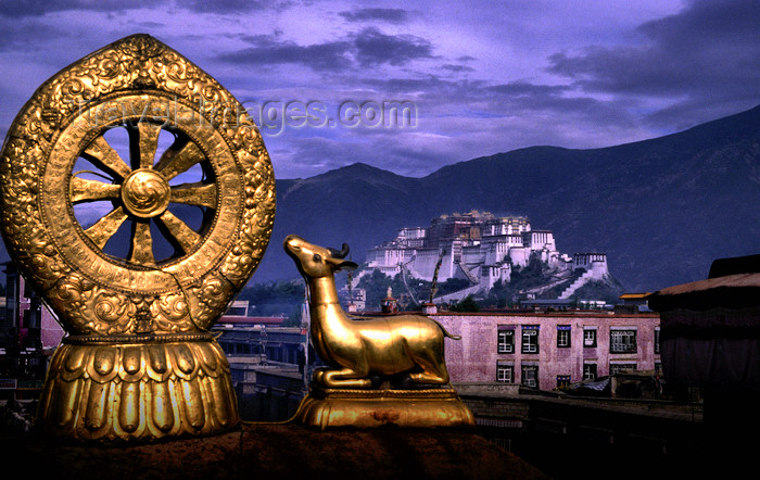 tibet84: Lhasa, Tibet: Potala Palace seen from Jokhang Monastery - Dharmachakra wheel with flanking deer, the eight spokes represent the Noble Eightfold Path of Buddhism and the deer recalls Buddha's first sermon in Sarnath Deer Park - photo by Y.Xu - (c) Travel-Images.com - Stock Photography agency - Image Bank