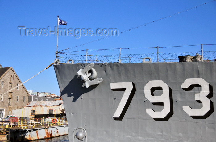 usa1151: Boston, Massachusetts, USA: Charlestown Navy Yard - USS Cassin Young DD-793 - prow with anchor and US Naval Jack - USN hull number - photo by M.Torres - (c) Travel-Images.com - Stock Photography agency - Image Bank