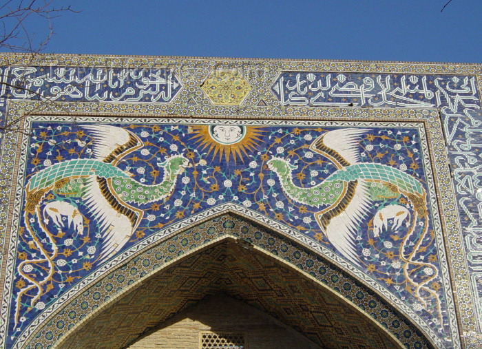 uzbekistan8: Bukhara, Uzbekistan: Lyab-i-Hauz complex - Phoenix on the portal of Nadir Divan-Beghi madrasah - tiles on the iwan - photo by J.Marian - (c) Travel-Images.com - Stock Photography agency - Image Bank