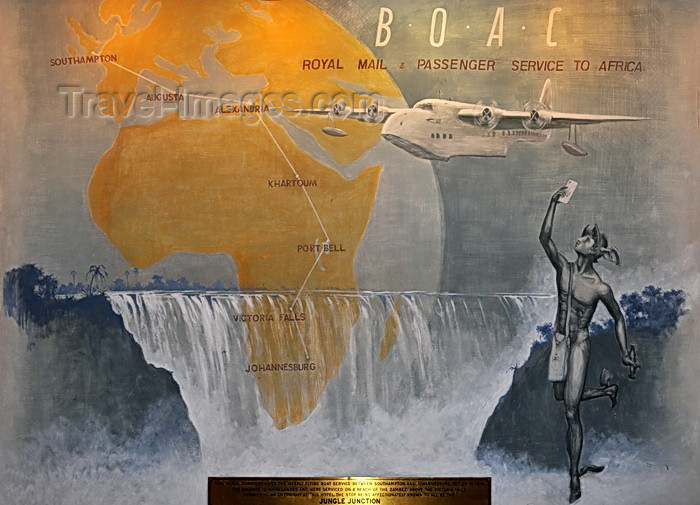 zimbabwe1: Victoria Falls, Matabeleland North, Zimbabwe: Victoria Falls Hotel - mural commemorating the flying boat service between Southampton and Johannesburg - the journey took four days, including overnight stops - BOAC Short Solent 3 G-AHIN Southampton - Jungle Junction stopover - British Overseas Airways Corporation - Marcury, falls and maps - photo by M.Torres - (c) Travel-Images.com - Stock Photography agency - Image Bank