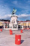 Portugal - Lisbon: Terreiro do Pao / Praa do Comercio - esttua equestre de Dom Jos I, escultor: Machado de Castro, e bidons Petrogal / Galp - evento da Experimenta Design - photo by M.Durruti