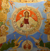 Ceahlau, Neamt county, Moldavia, Romania: Christ Pantocrator fresco in Holy Monastery of Durau - entrance gate - photo by J.Kaman