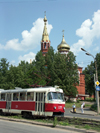Russia - Udmurtia - Izhevsk / Ustinov: Tram number 2 runs past Kazansky Church - photo by P.Artus