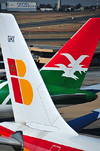 Johannesburg, Gauteng, South Africa: Airbus A340 and Boeing 767 aircraft tails - Iberia and Air Seychelles - Iberia Airbus A340-313, EC-GHX 'Rosalia de Castro' and Air Seychelles Boeing 767-219/ER S7-SEZ - OR Tambo International / Johannesburg International Airport / Jan Smuts / JNB - Kempton Park, Ekurhuleni - photo by M.Torres