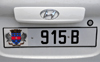 Gustavia, St. Barts / Saint-Barthlemy: car license plate - St Barts coat of arms - Maltese cross, the Fleur-de-lis, crown, pelicans, and the island's Amerindian name Ouanalao - Hyundai - photo by M.Torres