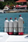 Gustavia, St. Barts / Saint-Barthlemy: oxygen bottles on a divers' boat - photo by M.Torres