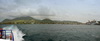 Basseterre and Brumaire, Saint Kitts island, Saint Kitts and Nevis: large panorama of Bay Road, till Port Zante, the cruise terminal - mountains in the background - photo by M.Torres