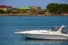 Charlestown, Nevis, St Kitts and Nevis: speed boat and Gallows Bay - photo by M.Torres