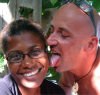 St Lucia: Castries - St Lucia Jazz festival - tongue in cheek - white man and black woman - photo by P.Baldwin