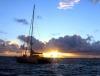 Tobago cays: sunrise - catamaran flying the colours of Brittany (photographer: Pamala Baldwin)