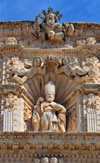 Sassari / Tthari, Sassari province, Sardinia / Sardegna / Sardigna: Cathedral of St. Nicholas of Bari - tympanum with a statue of the saint, Nicholas of Myra, Bishop of Myra / Demre, in Lycia - Padreterno on the top - photo by M.Torres