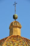 Las Plassas / Is Pratzas, Medio Campidano province, Sardinia / Sardegna / Sardigna: Church of Santa Maria Maddalena - dome with colourful shingles - photo by M.Torres