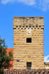Tuili, Medio Campidano province, Sardinia / Sardegna / Sardigna: Villa Pitzalis - tower wilh coat of arms bearing a goat - altana - photo by M.Torres