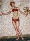 Sicily / Sicilia - Piazza Armerina  (Enna province): Villa Romana del Casale - bikini girl - mosaic - , 2000 years before the design of French engineer Louis Rard and fashion designer Jacques Heim (photo by Christian Roux)