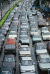 Singapore: cars - traffic jam - six lanes become five - photo by S.Lovegrove