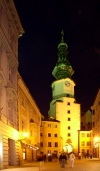 Slovakia / Slowakei - Bratislava: St. Michael's gate and tower - Michalsk street - nocturnal - photo by J.Kaman