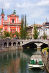View across Ljubljanica / Laibach river to Preseren square - Triple bridge, Franciscan church and the Central Pharmacy, Ljubljana, Slovenia - photo by I.Middleton