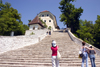 Slovenia - Tourists looking up the 99 steps to the church of the Assumption on Lake Bled - photo by I.Middleton