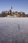 Slovenia - tracks on the ice - frozen lake Bled and the island church of the Assumption of Mary - Cerkev Marijinega vnebovzetja - photo by I.Middleton