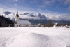 Slovenia - snow and church of Assumption of Mary in Bitnje - Bohinjska Bistrica - Bohinj Valley - photo by I.Middleton